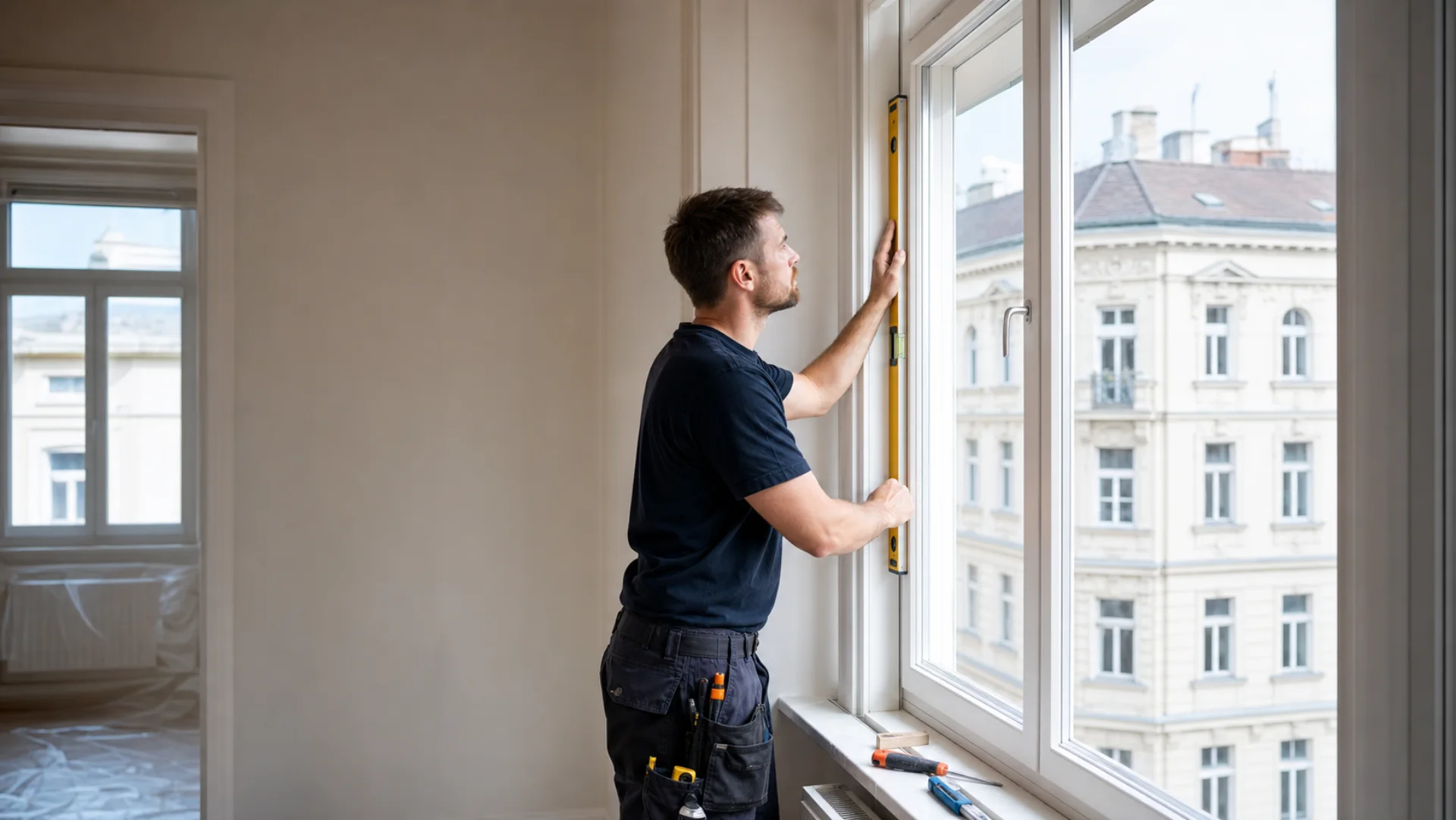 Fenstermonteur prüft den lotrechten Einbau eines Fensters in einer Wiener Wohnung
