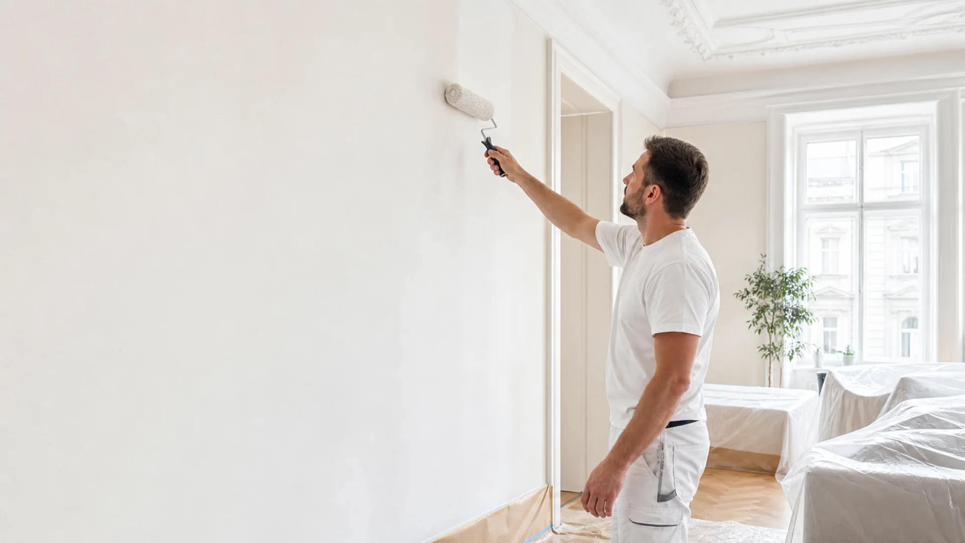Maler streicht eine helle Wand in einer geschützten Wiener Altbauwohnung