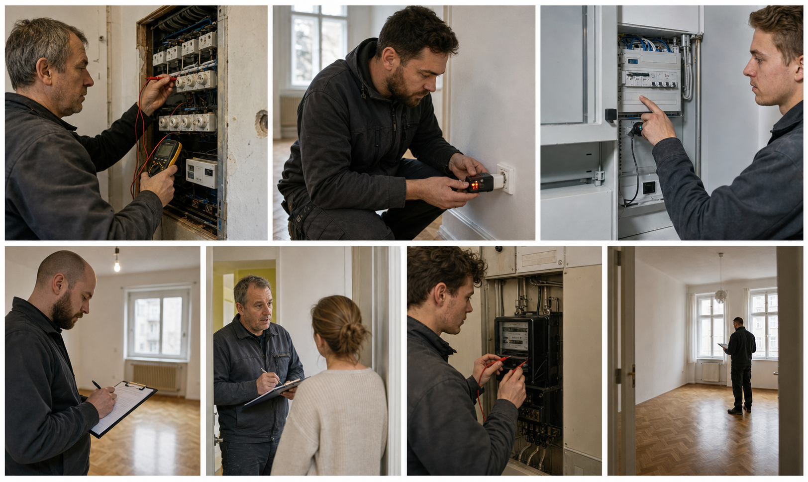 Elektrikermeister misst eine Elektroinstallation für einen E-Befund in Wien
