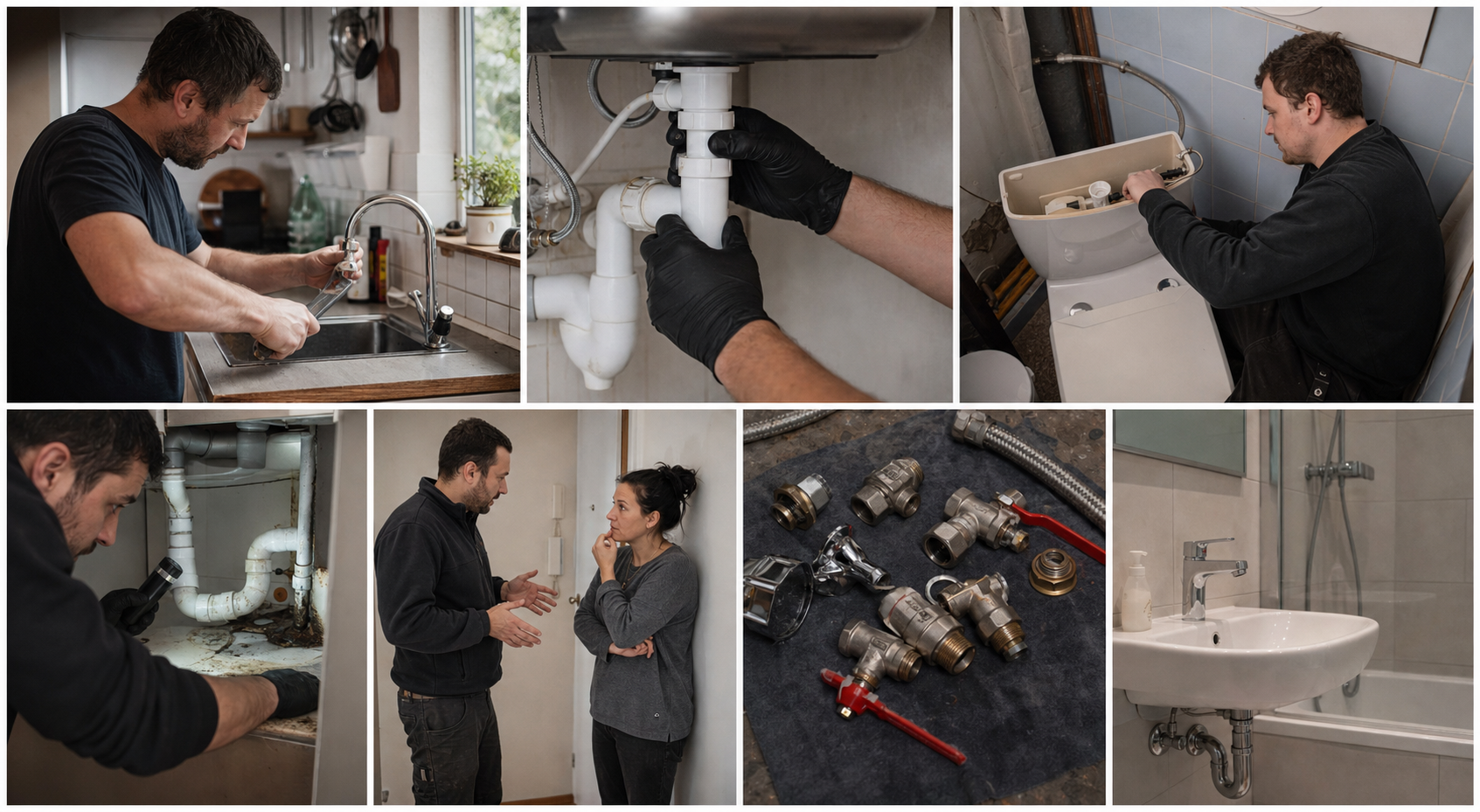 Installations-Fachkraft prüft eine beschädigte Wasserleitung und feuchte Wand